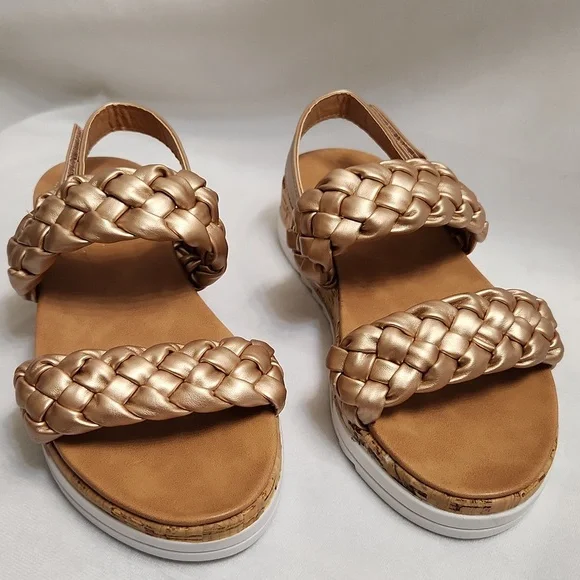 Tahari Gold Open Toe Rope Velcro Closure Cork Heel Summer sandals (girls size 3)